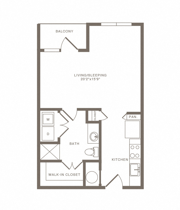 Floor plan for studio, 1 bath, 606 sqft